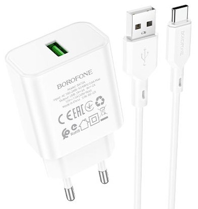 СЗУ 1USB 3.0A 18W QC3.0 быстрая зарядка для Type-C Borofone BA72A