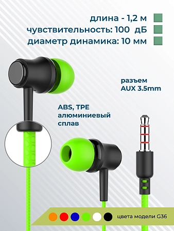 Наушники вакуумные AUX разъём с МК без рег.громкости длина 1.2м More choice G36