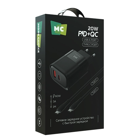 СЗУ 1USB+1Type-C 3.0A PD 20W+ QC3.0 быстрая зарядка для Type-C Type-C More Choice NC81a