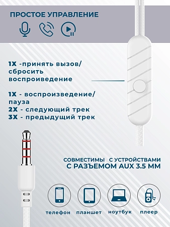 Наушники вакуумные AUX разъём с МК без рег.громкости длина 1.2м More choice G36