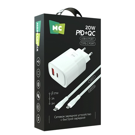 СЗУ 1USB+1Type-C 3.0A PD 20W+ QC3.0 быстрая зарядка для Lightning 8-pin Type-C More Choice NC81i