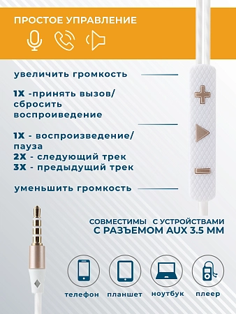 Наушники вакуумные AUX разъём с МК и рег.громкости длина 1.2м More Choice P61