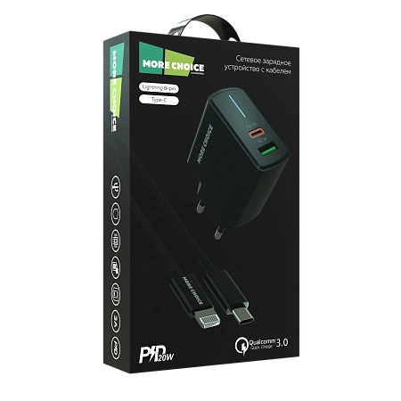 СЗУ 1USB+1Type-C 3.0A PD 20W+QC3.0 быстрая зарядка для Lightning 8-pin Type-C More choice NC61i